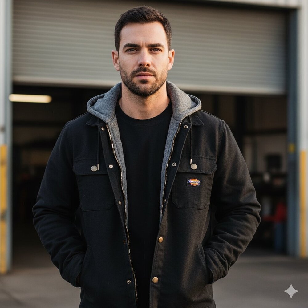 Dickies Quilted Lined Hooded Work Jacket | Black Canvas Workwear | S